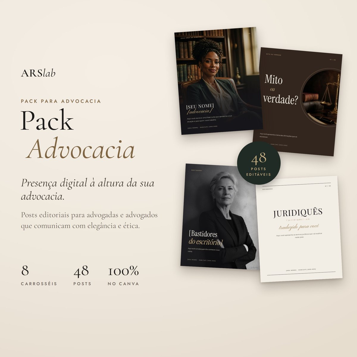 Mockup do Pack Advocacia com capas editoriais em café, verde e marinho