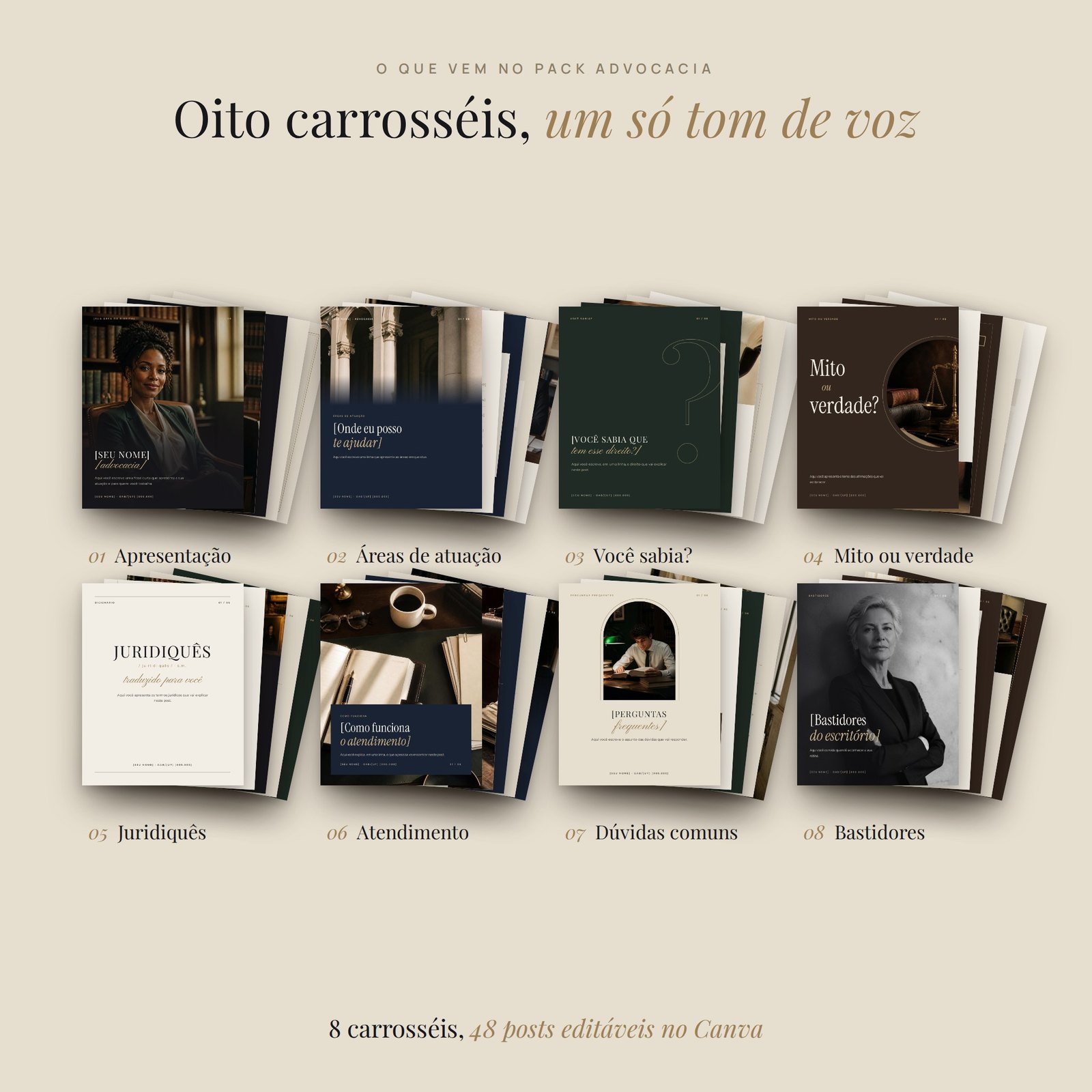 Os carrosséis do Pack Advocacia abertos em leque