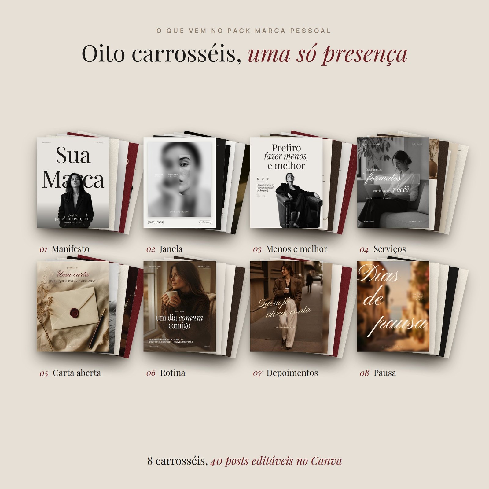 Os carrosséis do Pack Marca Pessoal abertos em leque