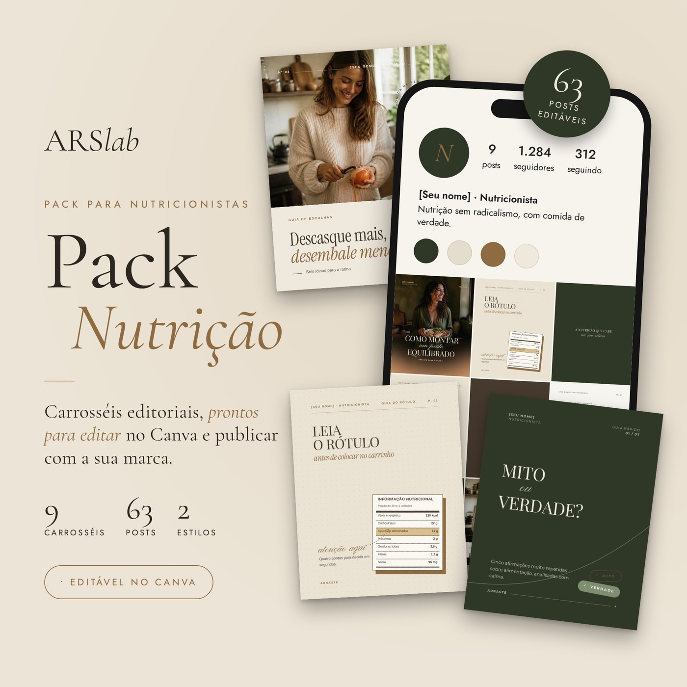Mockup do Pack Nutrição com celular mostrando o feed e posts espalhados